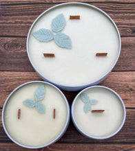 Load image into Gallery viewer, 8 oz. Tin 100% Soy Wax Scented Candle with Deco