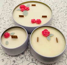 Load image into Gallery viewer, 8 oz. Tin 100% Soy Wax Scented Candle with Deco