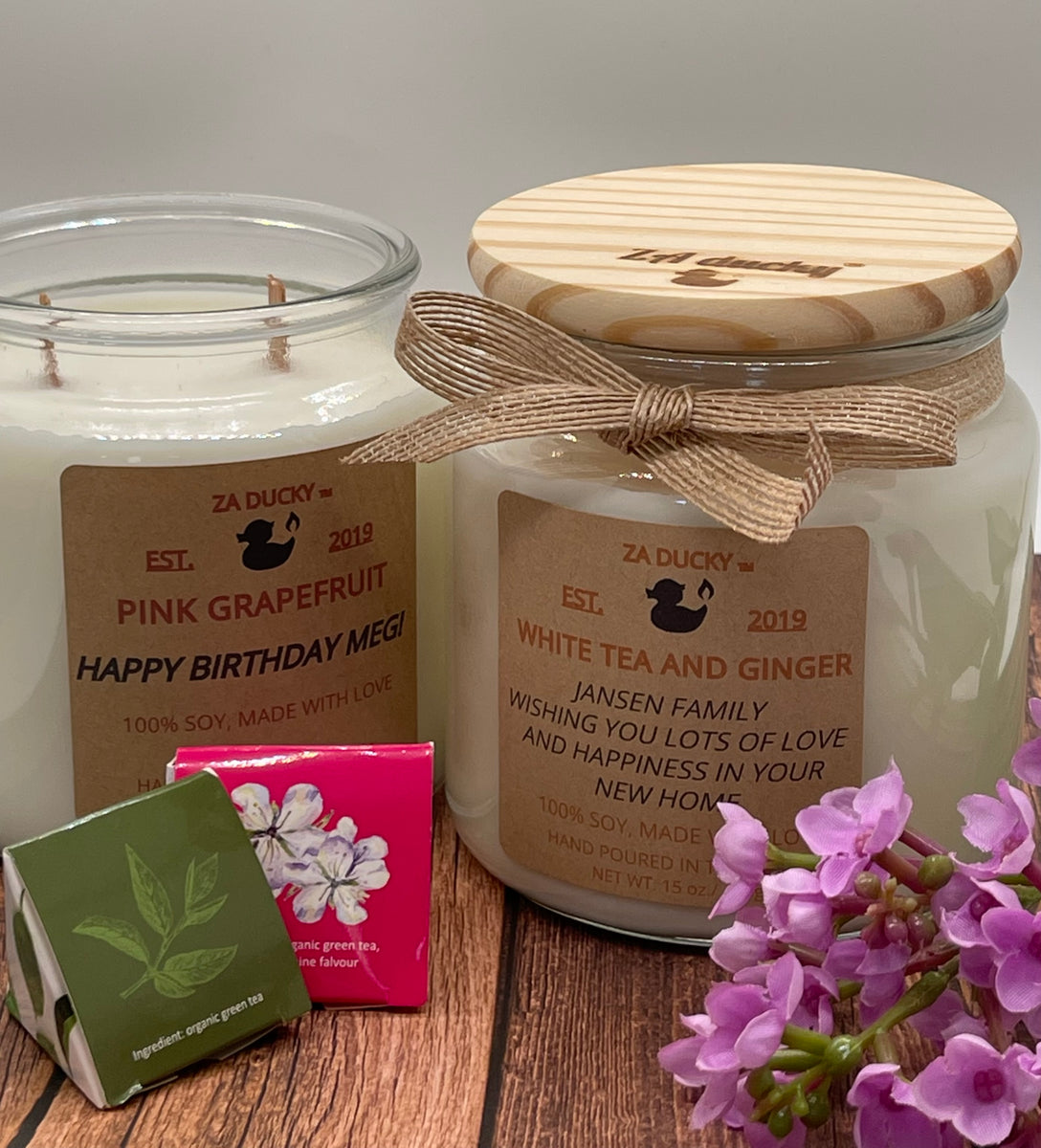 16 oz. wood lid jar soy wax candle net wt. 15 oz. /425g personalized candles adding small massage for free of charge. 