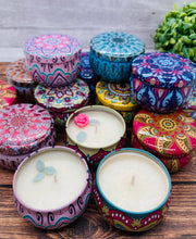 Load image into Gallery viewer, 2 oz. Decorated tin 100% Soy Scented Candles
